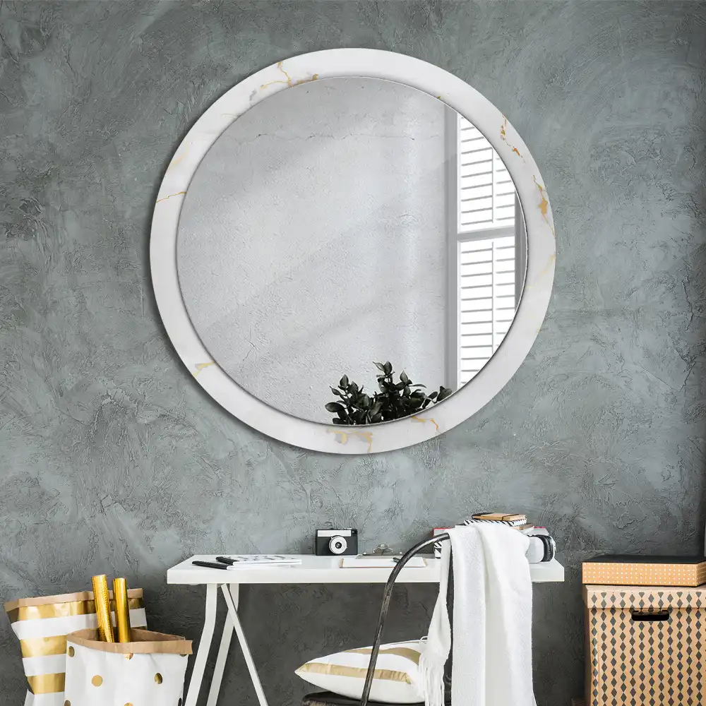 Miroir rond cadre imprimé marbrure blanche