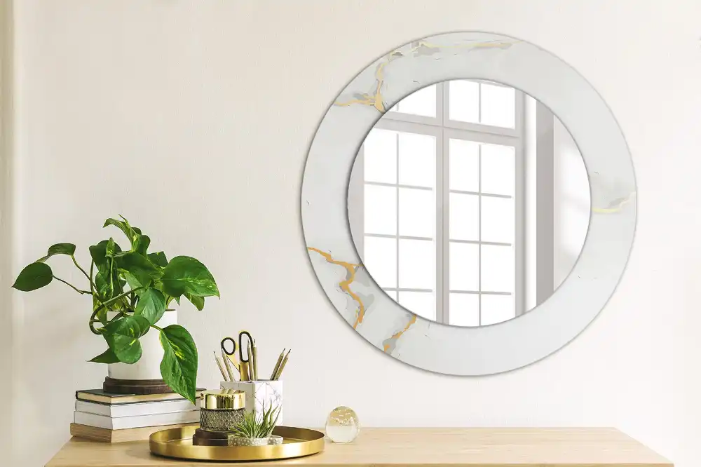 Miroir rond cadre imprimé marbrure blanche