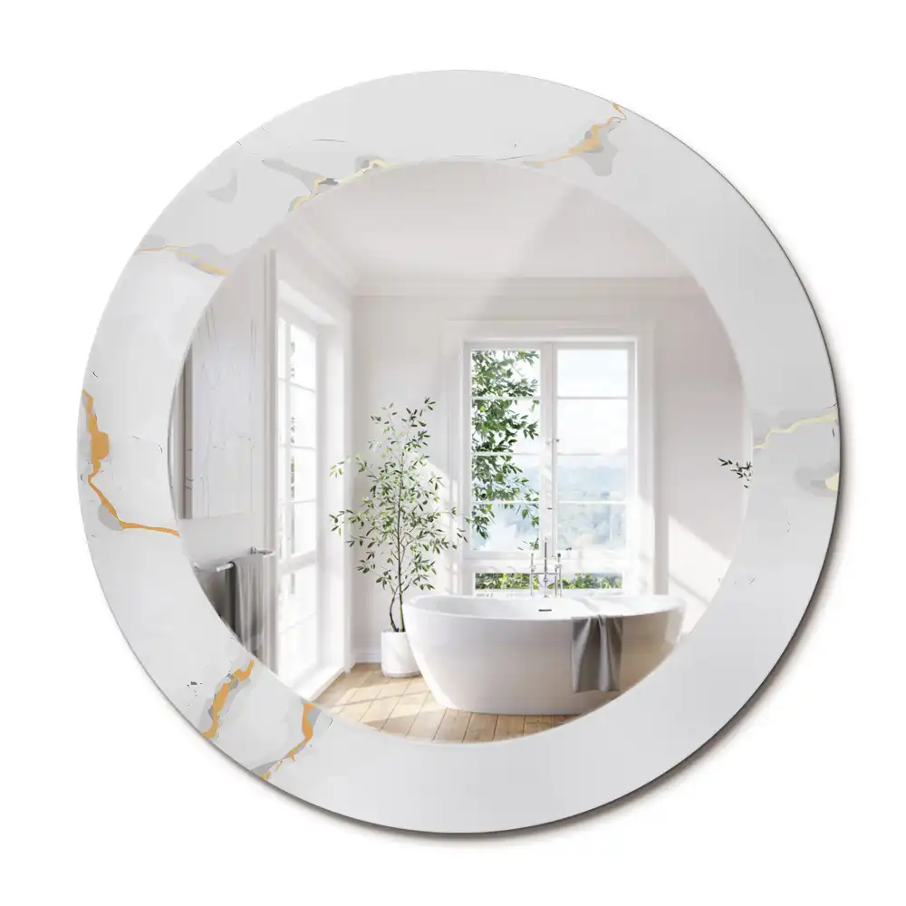 Miroir rond cadre imprimé marbrure blanche