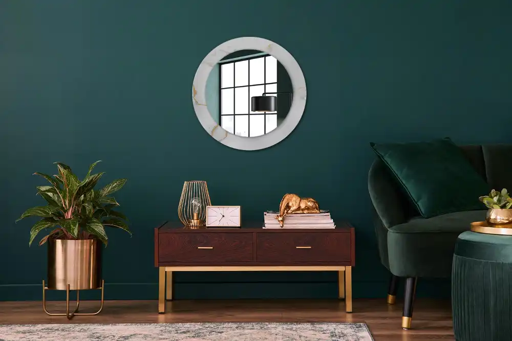 Miroir rond cadre imprimé marbrure blanche