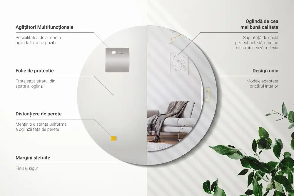 Miroir rond cadre imprimé marbrure blanche