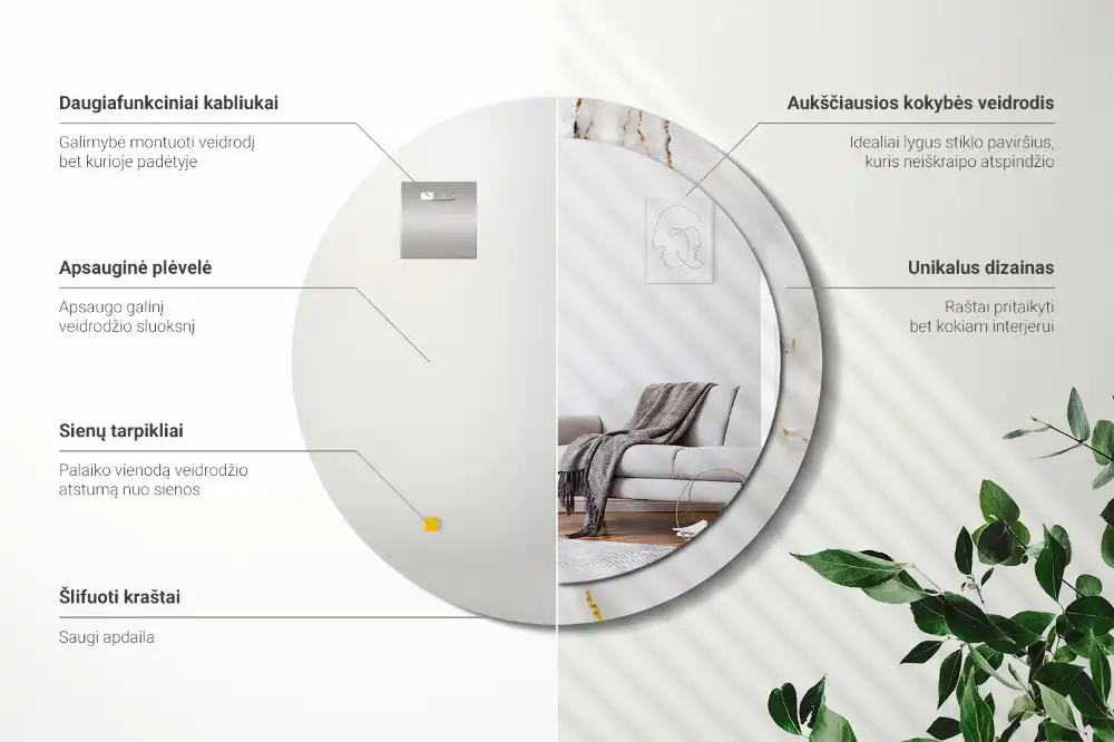 Miroir rond cadre avec impression marbre brillant