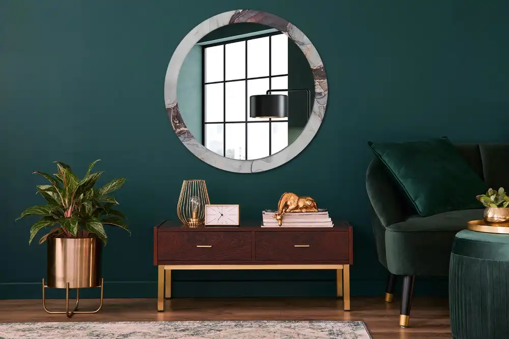 Miroir rond cadre avec impression abstraction marbrée