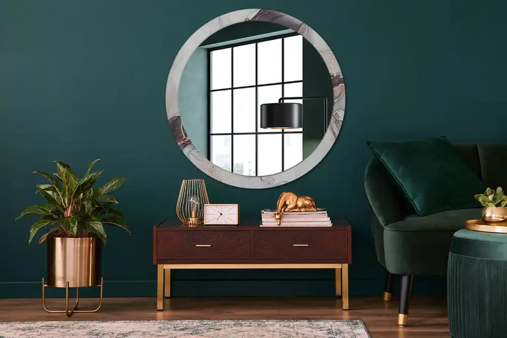 Miroir rond cadre avec impression abstraction marbrée