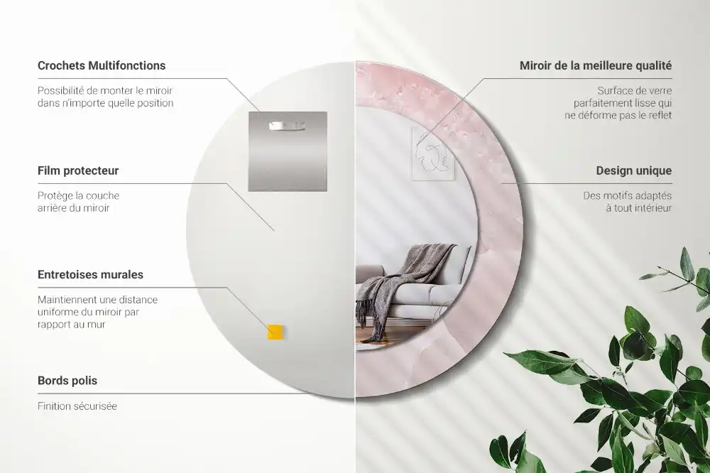 Miroir rond avec décoration pierre rose
