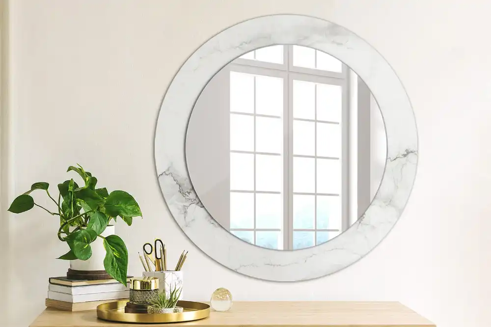 Miroir rond cadre imprimé marbre blanc