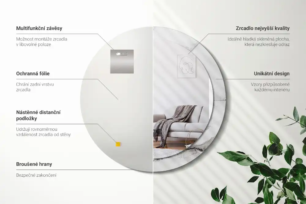 Miroir rond cadre imprimé marbre blanc