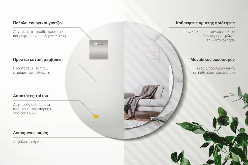 Miroir rond cadre imprimé marbre blanc