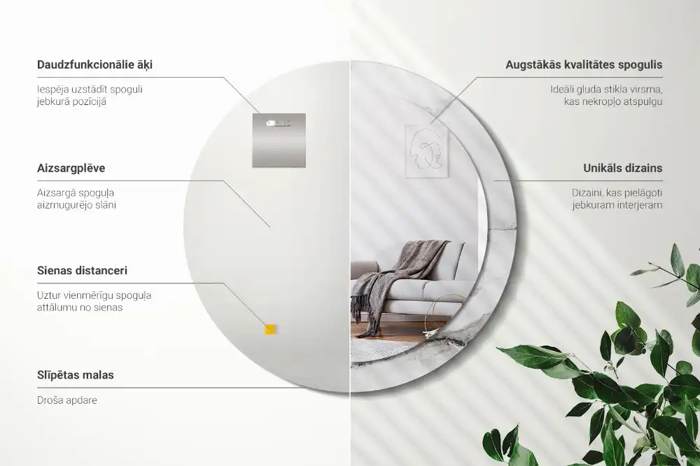 Miroir rond cadre imprimé marbre blanc