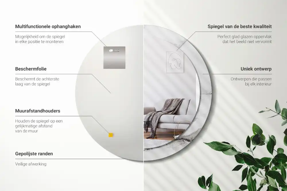 Miroir rond cadre imprimé marbre blanc