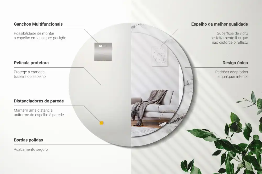 Miroir rond cadre imprimé marbre blanc