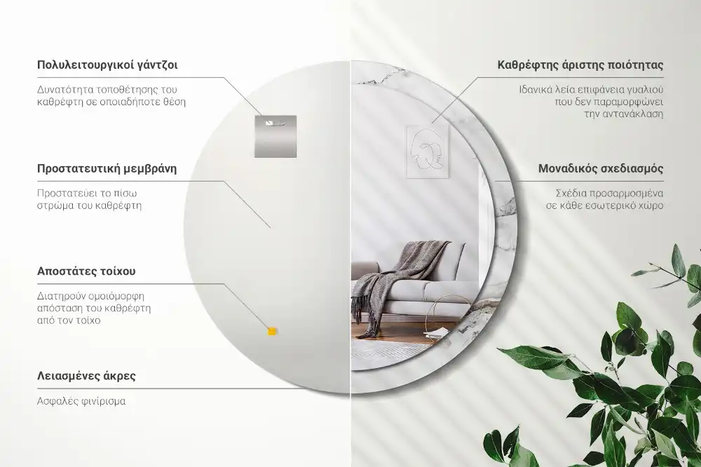 Miroir rond cadre imprimé marbre blanc