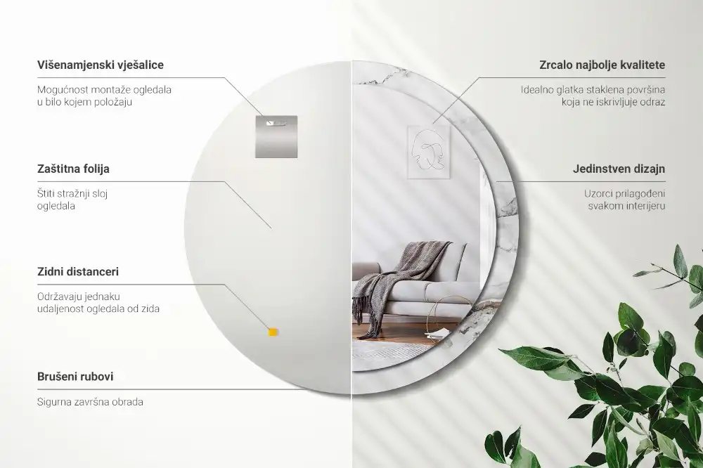Miroir rond cadre imprimé marbre blanc