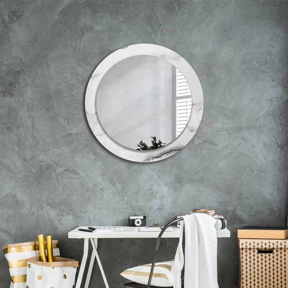Miroir rond cadre imprimé marbre blanc
