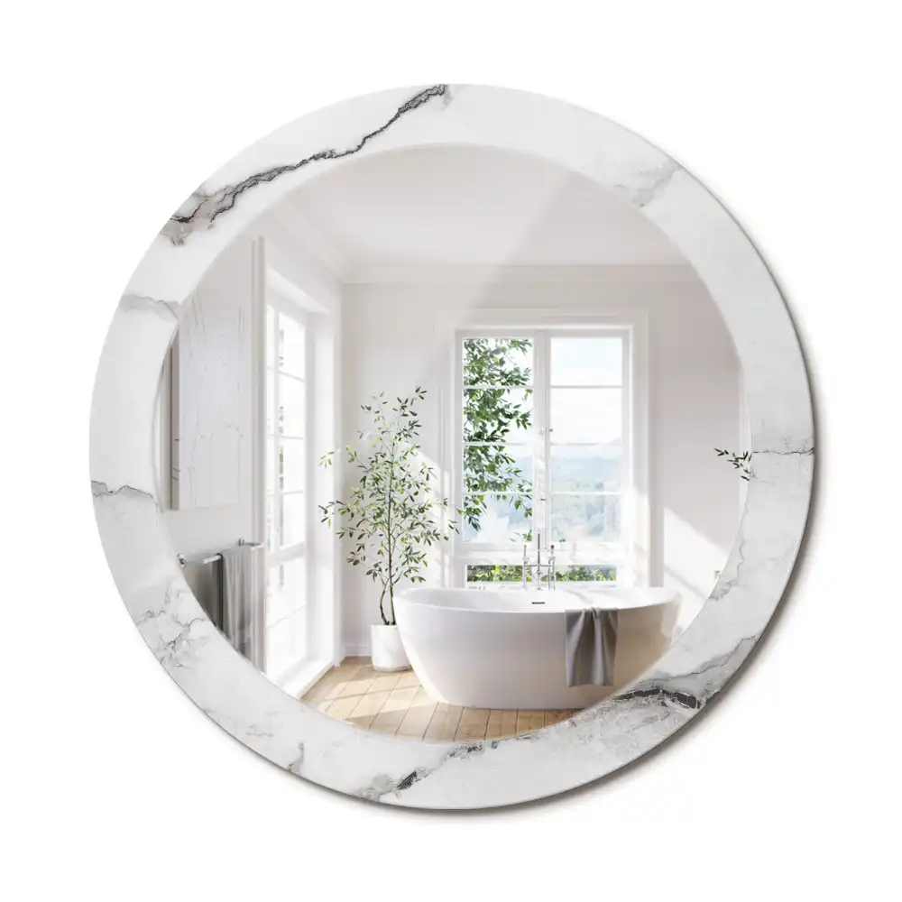 Miroir rond cadre imprimé marbre blanc