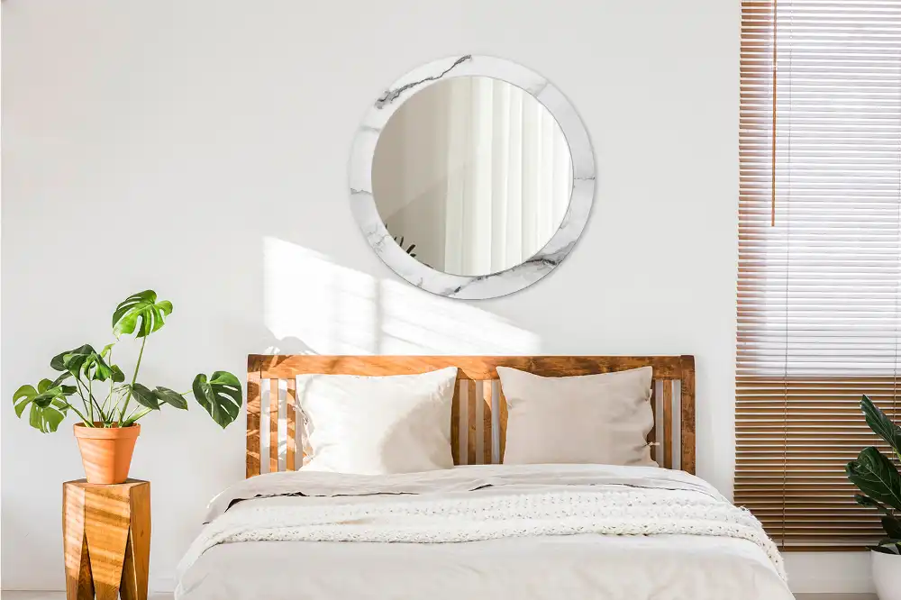 Miroir rond cadre imprimé marbre blanc