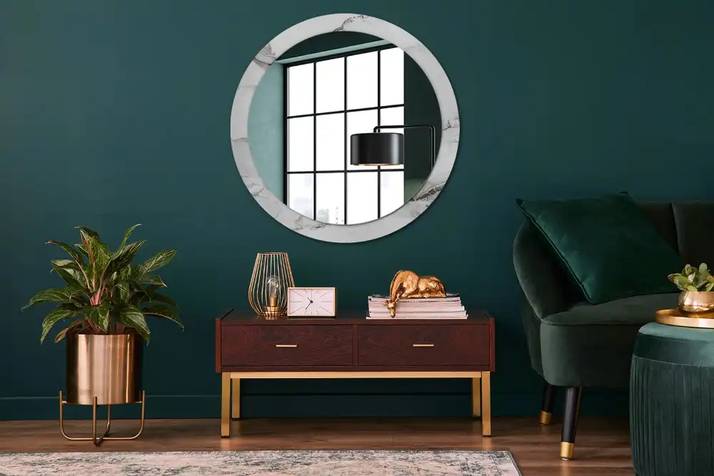 Miroir rond cadre imprimé marbre blanc