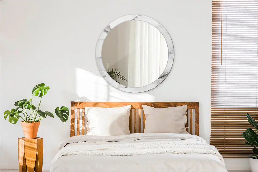 Miroir rond cadre imprimé marbre blanc