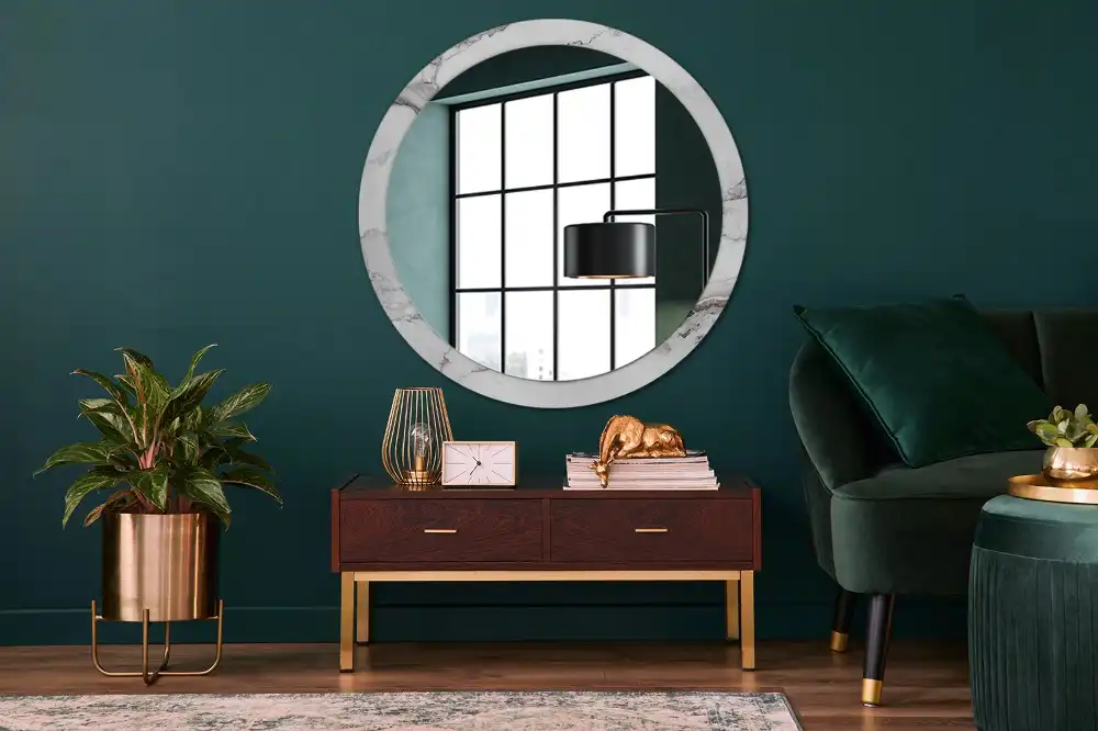 Miroir rond cadre imprimé marbre blanc