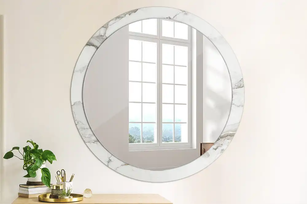 Miroir rond cadre imprimé marbre blanc