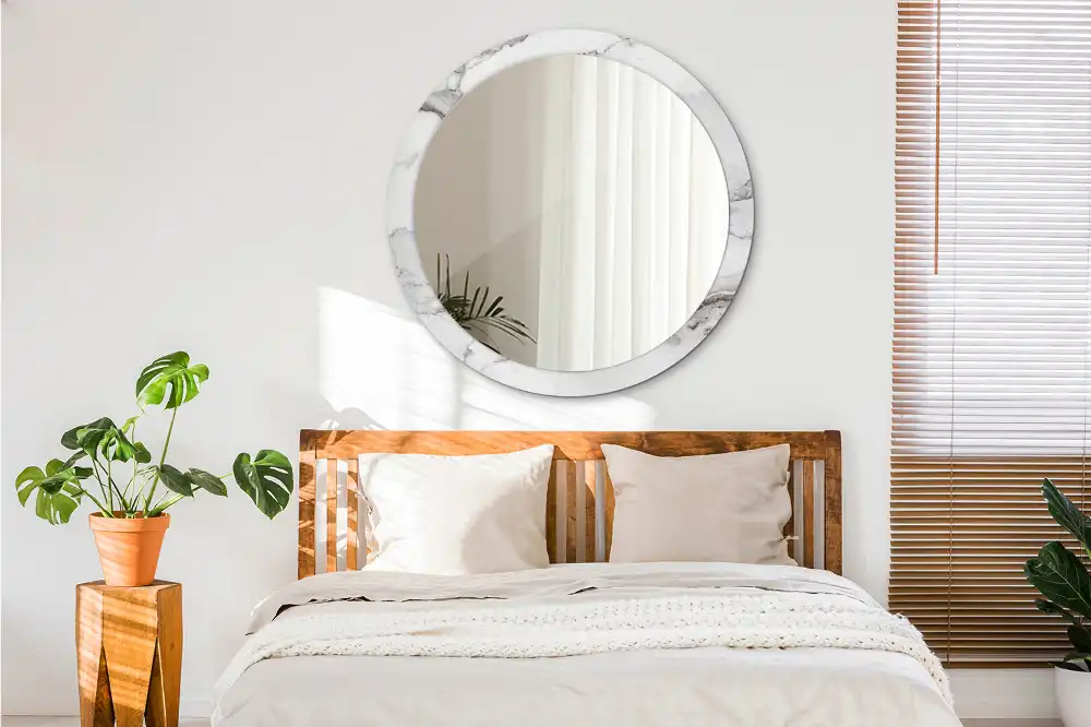 Miroir rond cadre imprimé marbre blanc