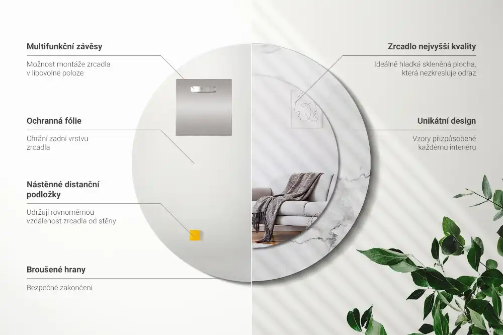 Miroir rond cadre imprimé marbre blanc