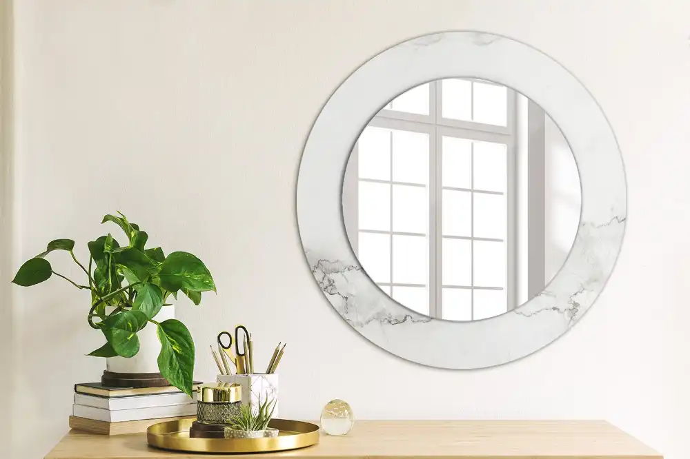 Miroir rond cadre imprimé marbre blanc