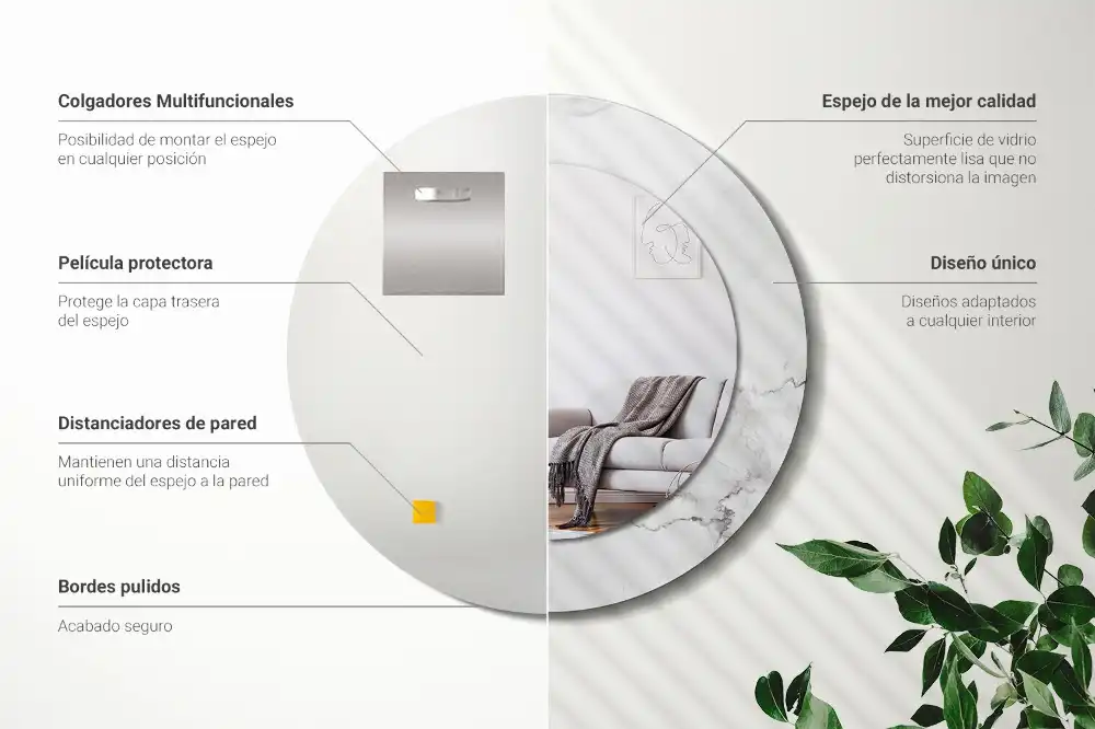 Miroir rond cadre imprimé marbre blanc