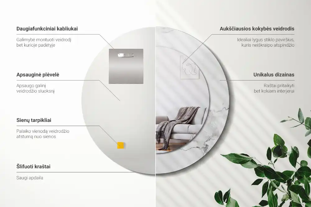 Miroir rond cadre imprimé marbre blanc