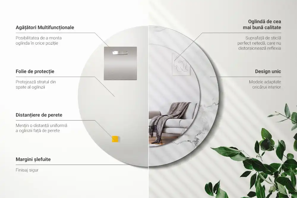 Miroir rond cadre imprimé marbre blanc