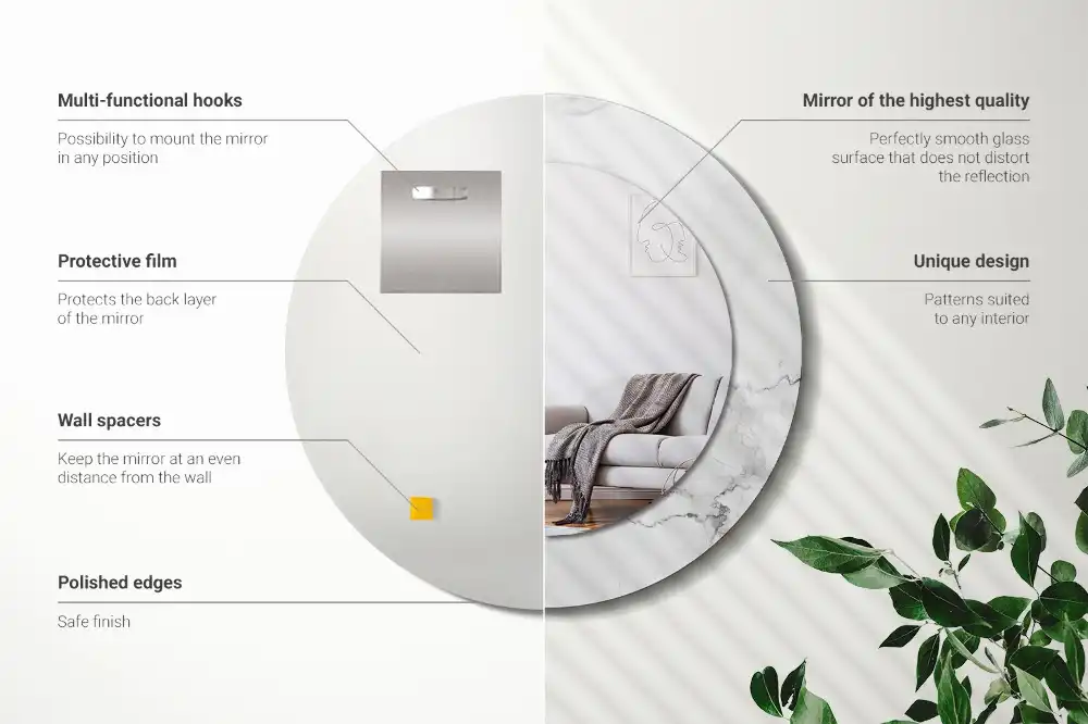 Miroir rond cadre imprimé marbre blanc