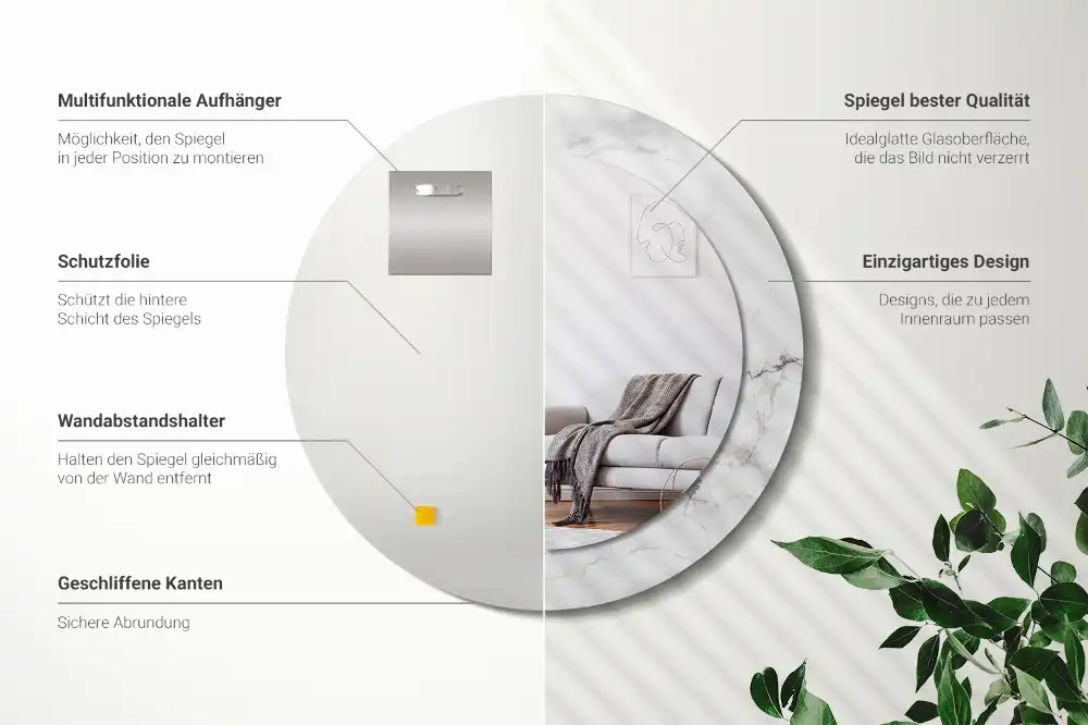 Miroir rond cadre imprimé marbre blanc