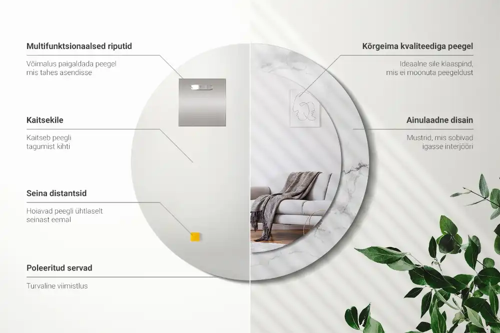 Miroir rond cadre imprimé marbre blanc