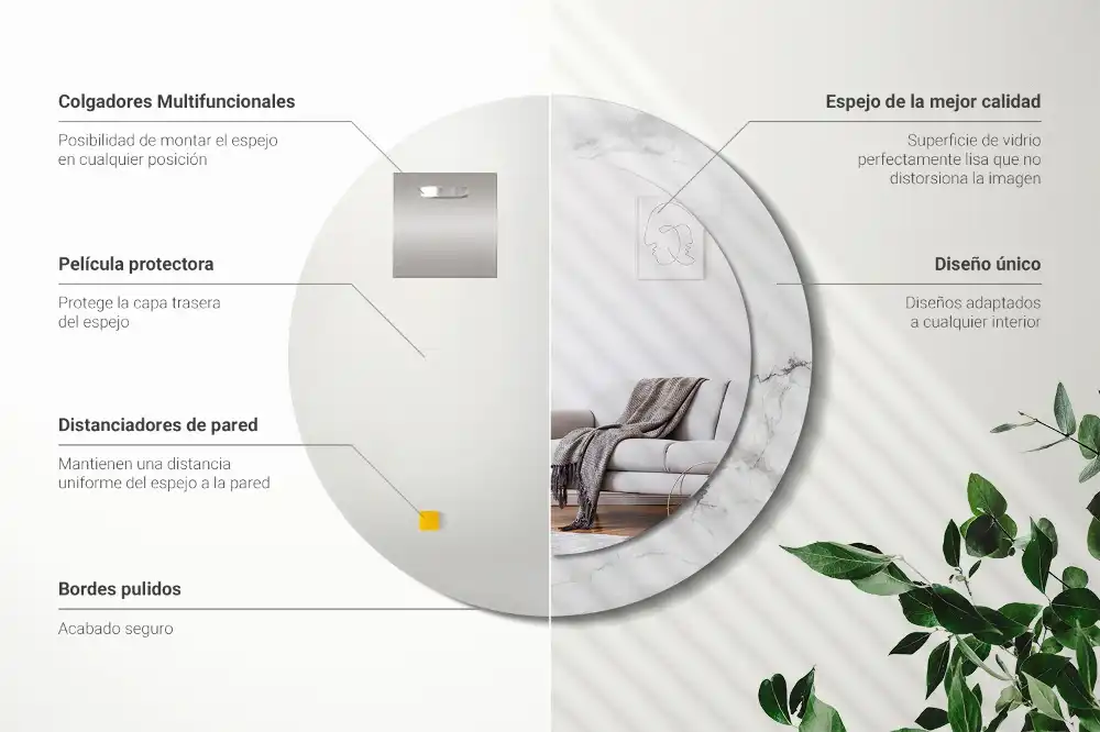 Miroir rond cadre imprimé marbre blanc
