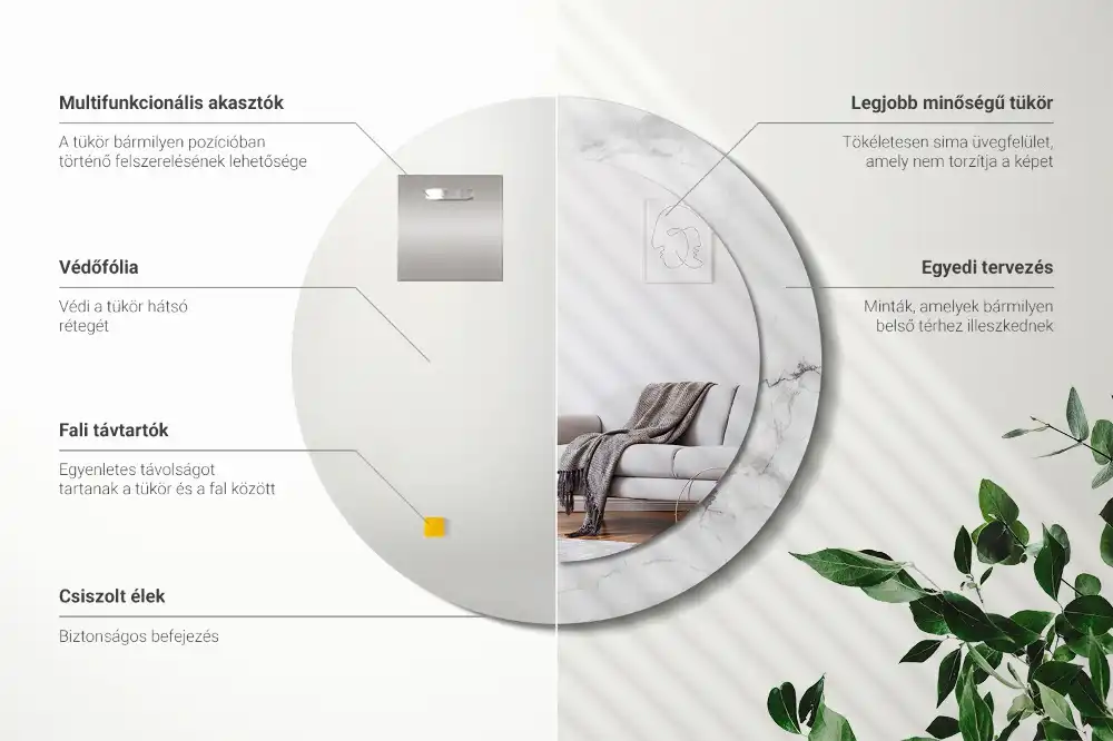 Miroir rond cadre imprimé marbre blanc