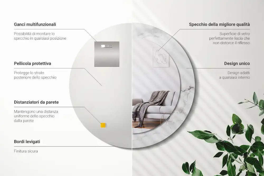 Miroir rond cadre imprimé marbre blanc