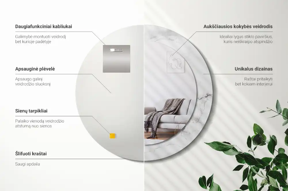 Miroir rond cadre imprimé marbre blanc