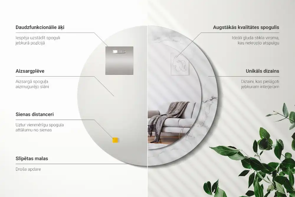 Miroir rond cadre imprimé marbre blanc