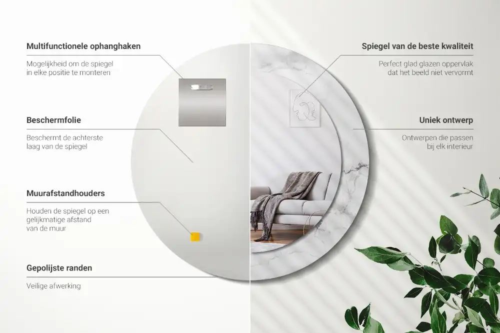 Miroir rond cadre imprimé marbre blanc