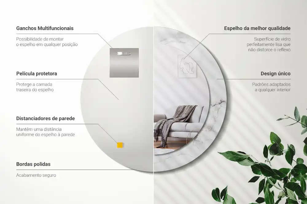 Miroir rond cadre imprimé marbre blanc