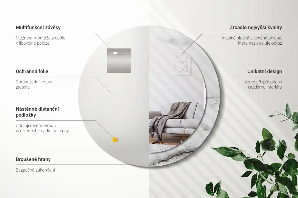 Miroir rond cadre imprimé marbre blanc