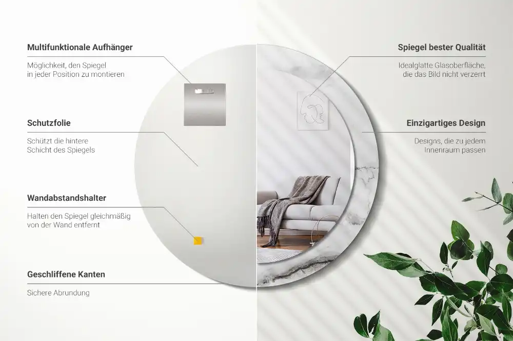Miroir rond cadre imprimé marbre blanc