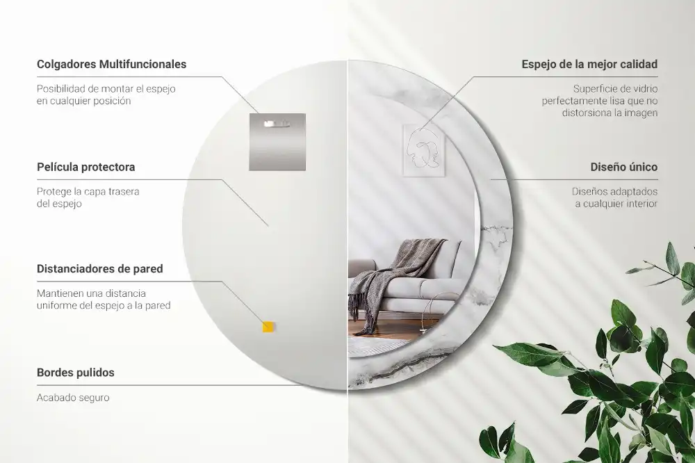 Miroir rond cadre imprimé marbre blanc