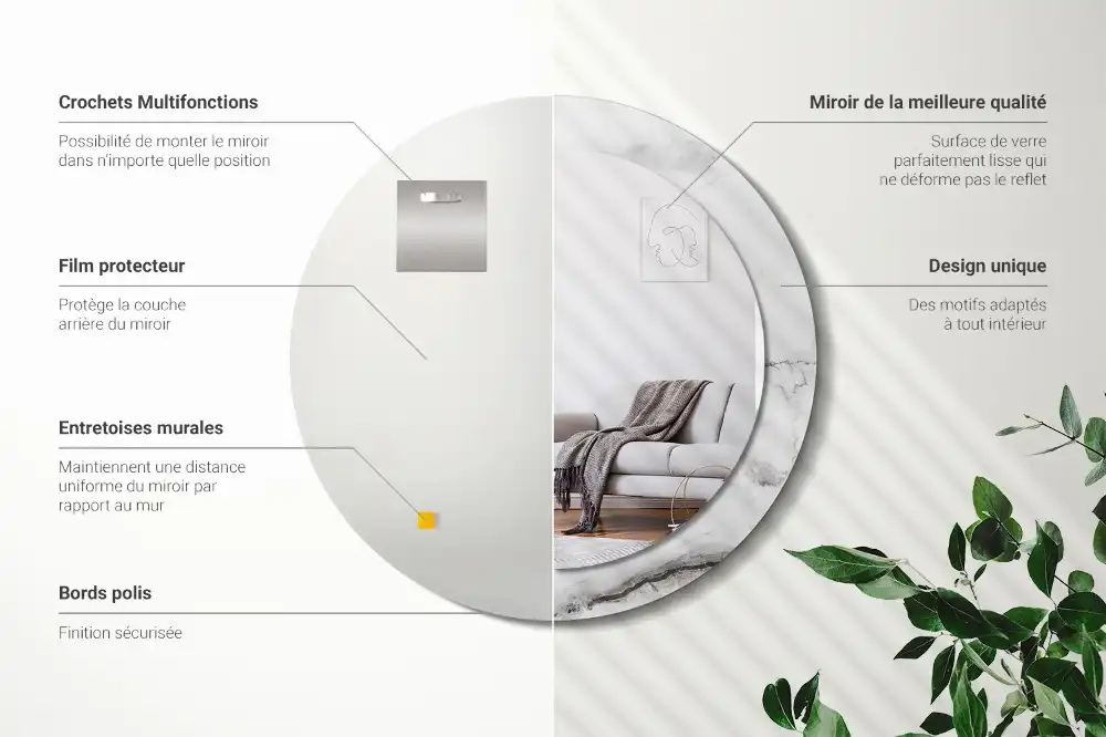 Miroir rond cadre imprimé marbre blanc