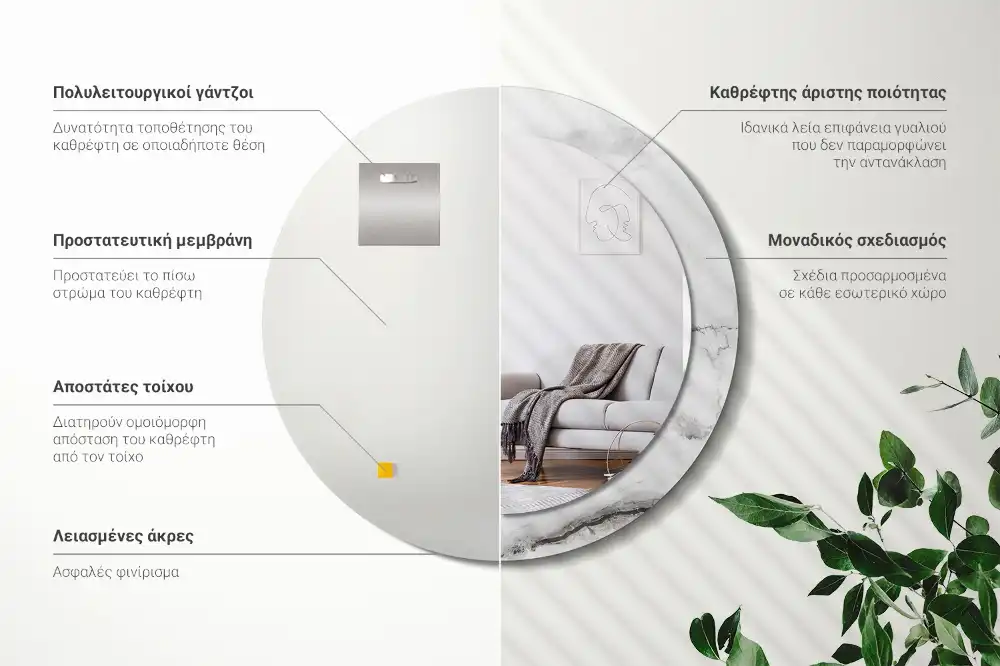 Miroir rond cadre imprimé marbre blanc