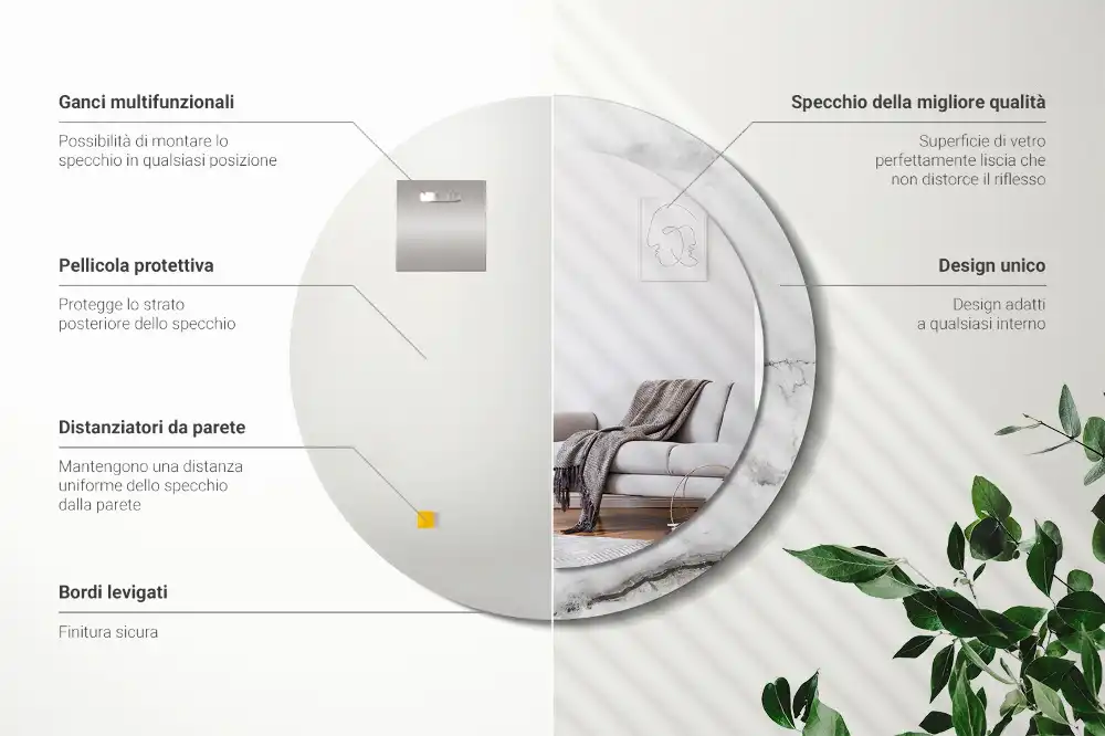 Miroir rond cadre imprimé marbre blanc