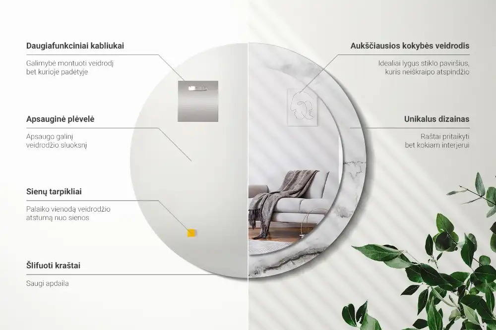 Miroir rond cadre imprimé marbre blanc