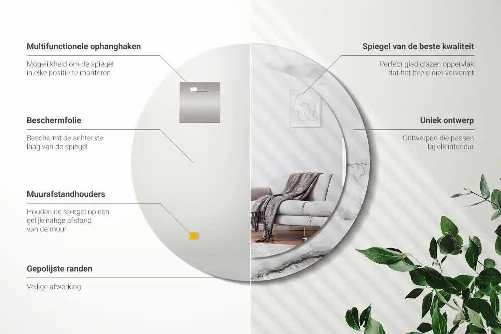 Miroir rond cadre imprimé marbre blanc