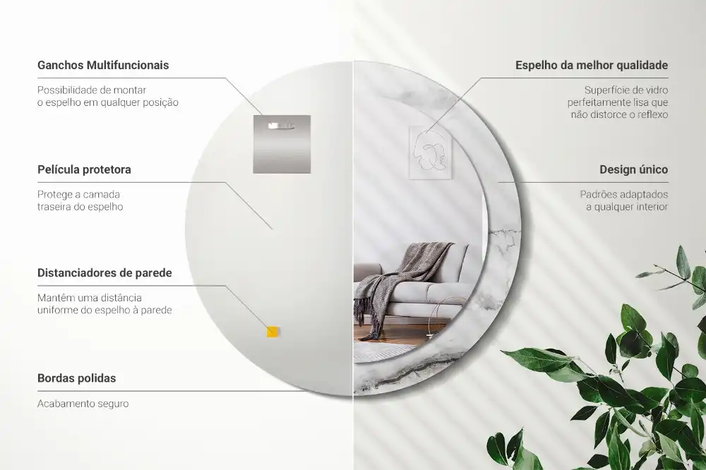 Miroir rond cadre imprimé marbre blanc