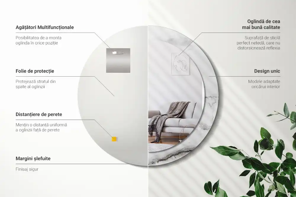 Miroir rond cadre imprimé marbre blanc